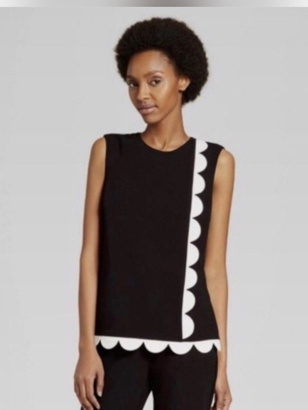 Victoria Beckham Black Sleeveless Top with White Scallop Hem